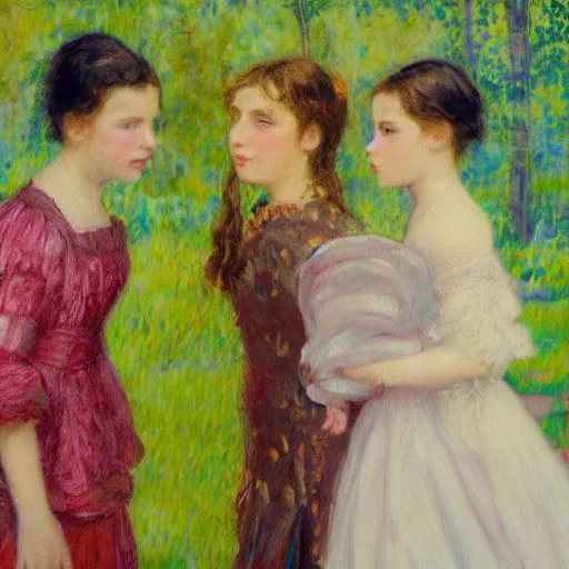 Prompt: an impressionistic painting of Prince jealous of two sisters whispering to each other