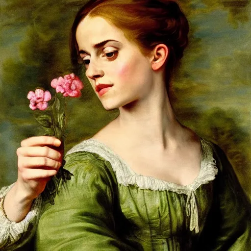 Prompt: Emma Watson wearing green tunic holding a flower. Painted by Rubens, high detail