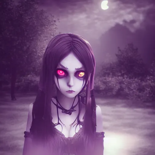Prompt: full shot portrait of angry darkness anime girl at moonlight, gothic wearing, inspired by Tim Burton, detailed, unreal engine 4k volumetric light, fog,