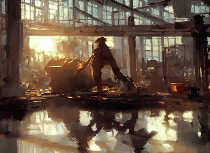 Prompt: oil painting of copper potstill in factory, art by anders zorn, wonderful art by greg rutkowski, beautiful cinematic light, american romanticism by greg manchess, reflections and refraction, sunlight