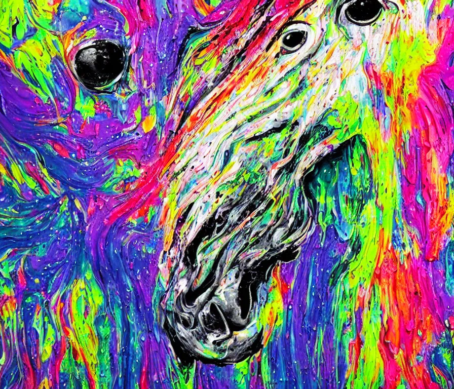 Image similar to still shot close up footage of the portrait of a horse head made of acrylic pour and coloured powder explosion and splashing paint and dripping paint and flying paint chunks, motion blur, hyperrealistic, medical, intricate art photography, anatomically correct, realistic crisp textures, 1 6 k