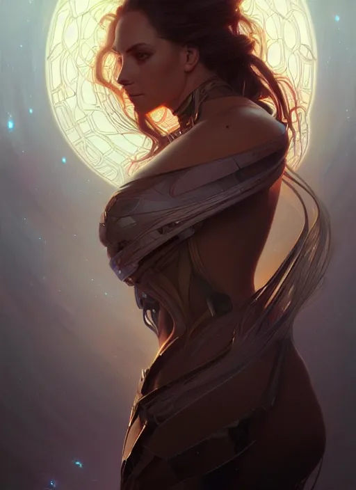 Image similar to futuristic woman portrait, sci-fi, amber eyes, face, long hair, fantasy, intricate, elegant, highly detailed, digital painting, artstation, concept art, smooth, sharp focus, illustration, art by artgerm and greg rutkowski and alphonse mucha