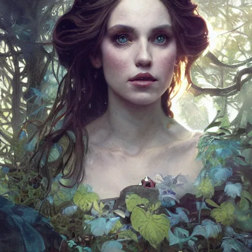 Image similar to close up portrait of alice in wonderland, magical forest, dramatic lighting, high detail, painted, by greg rutkowski, painted by stanley artgerm, painted by alphonse mucha, trending on artstation