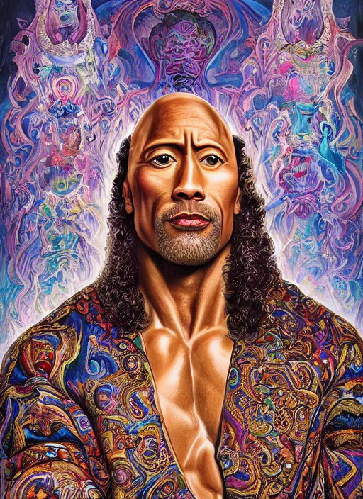 Image similar to beautiful oil painting, full length portrait of Dwayne the rock Johnson as Louis xiv in coronation robes 1701, Dan Mumford, Dan Mumford, Alex grey, Alex grey, highly detailed , lsd visuals, dmt fractal patterns, hallucinogen, visionary art, psychedelic art, ornate, vaporwave, baroque