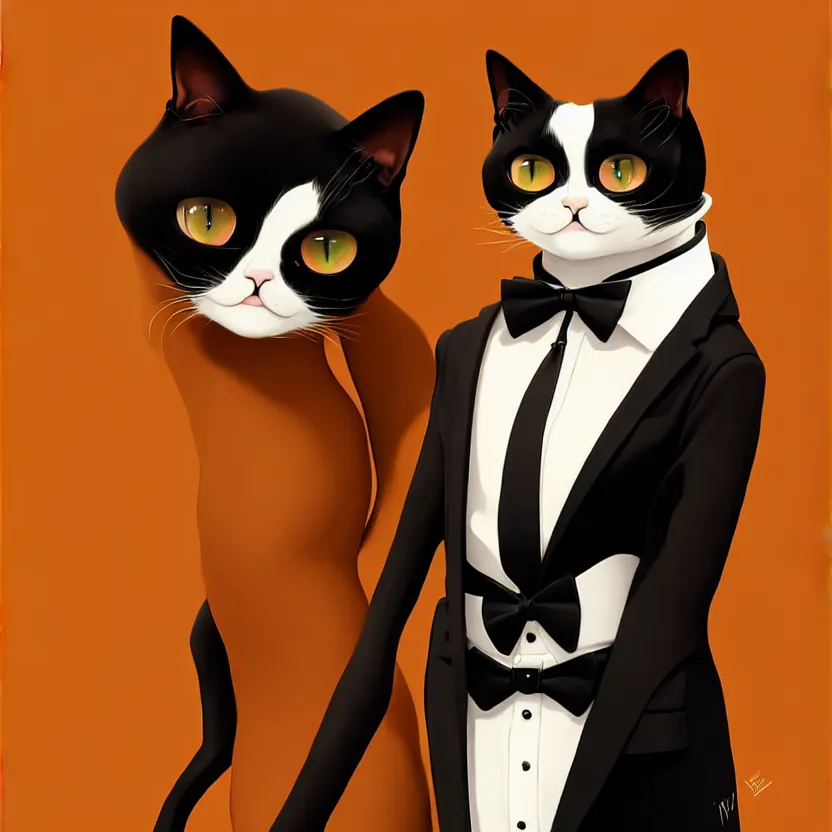 Image similar to slim cruel business humanoid ginger cat in tuxedo with black bob hair, elegant, 2 d, ultra highly detailed, digital painting, smooth, sharp focus, artstation, art by ilya kuvshinov!