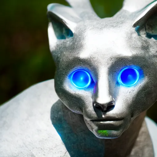 Prompt: Portrait photography of an Silver fox sculpture with glowing blue eyes