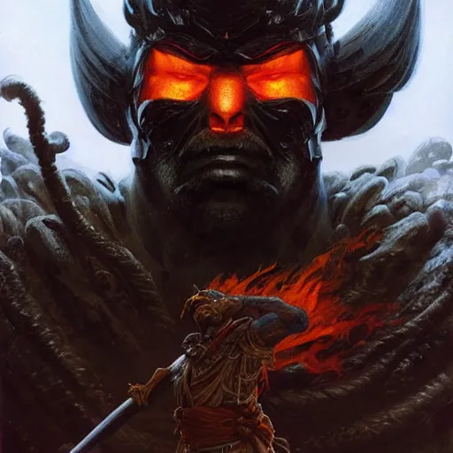 Image similar to head and shoulders portrait of a black samurai fire giant, wreathed in flame, d & d, fantasy, greg rutkowski, frank frazetta, alexandre chaudret, boris vallejo, michael whelan, miro petrov, hr giger, magali villeneuve, donato giancola