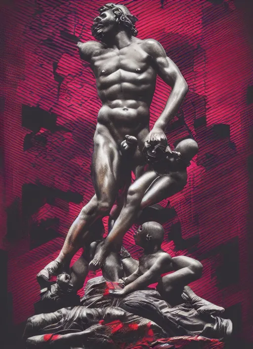 Image similar to design poster, black background with very subtle red and purple design elements, statue of laocoon and his sons, powerful, nekro, graphic design, collage art, thin lines, dark, glitch art, neo vaporwave, gritty, layout frame, square, trending on artstation