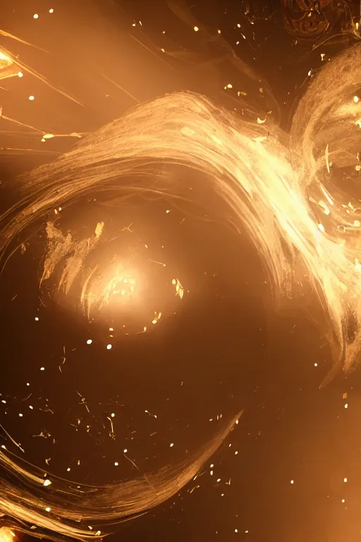 Prompt: swirling light streaks and ornate flowing smoke streams and smooth particle effects surround a small metallic sphere, unreal engine