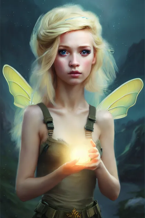 Image similar to cinematic shot of an epic portrait of a cute blonde fairy dressed in military clothes, stylised military clothes, shiny skin, beautiful eyes, beautiful, small details, night setting, realistic poster with volumetric light from craig mallism, artgerm, jeremy lipkin and michael garmash, unreal engine, radiant light, digital art, trends at art station, a masterpiece