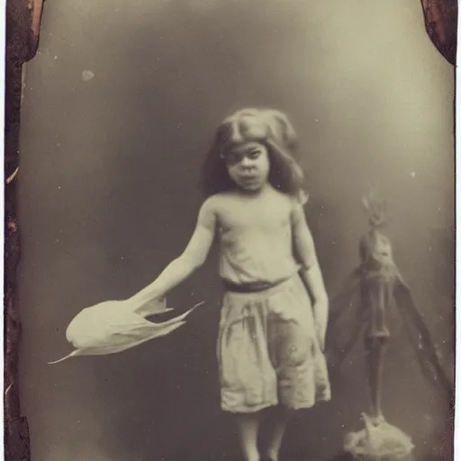Image similar to tintype photo, floating underwater, child with huge squid