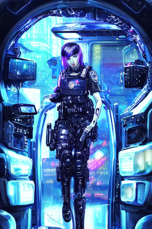 Image similar to portrait futuristic beautiful and cyberpunk and mythical female police, at inside of a future armored vehicle, heavy rainning futuristic tokyo cyberpunk night, ssci-fi, fantasy, intricate, very very beautiful, elegant, neon light, highly detailed, digital painting, artstation, concept art, soft light, hdri, smooth, sharp focus, illustration, art by tian zi and craig mullins and WLOP and alphonse mucha