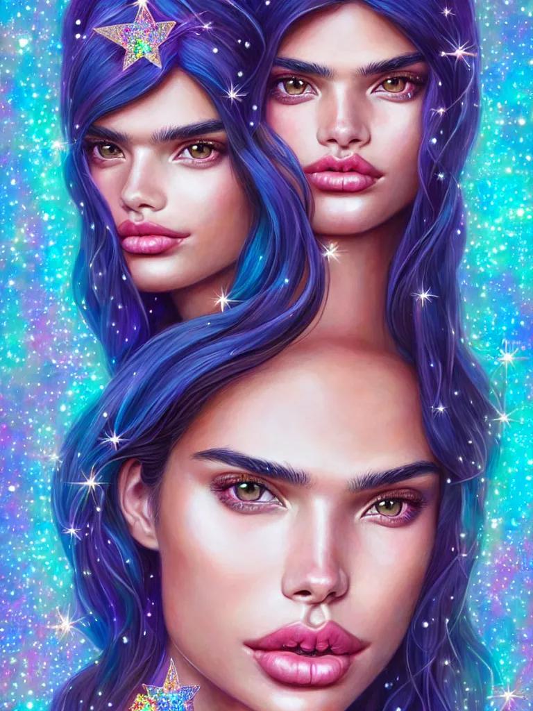 Image similar to fantastic portrait of sara sampaio with some shinny star, cloak, royally decorated crystal gemstones, symmetrical face, 3 d render, portrait, cute, fairy, by artgerm, kelly mckernan, detailed background, artstation, intricate, elegant, highly detailed, colorful, maximalist