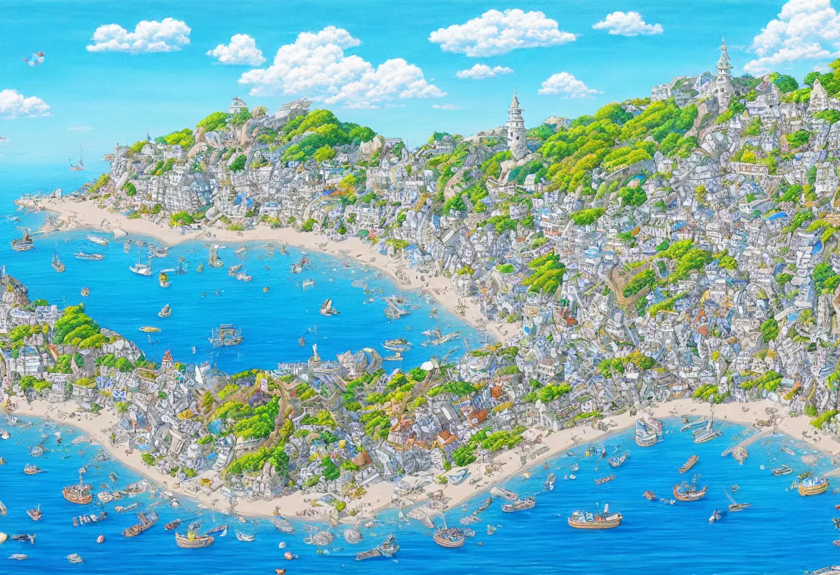 Image similar to a beautiful ultradetailed painting of a seaside town, sunny, studio ghibli sunlight, archdaily, wallpaper, highly detailed, trending on artstation