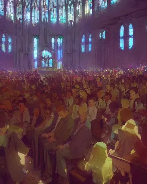 Prompt: craig mullins and ghibli digital illustration of a crowd in a futuristic church, priest, pews, ethereal, inviting, bright, raking light from stained glass windows, unreal engine, hyper realism, realistic shading, cinematic composition, realistic render, octane render, detailed textures, photorealistic, wide shot