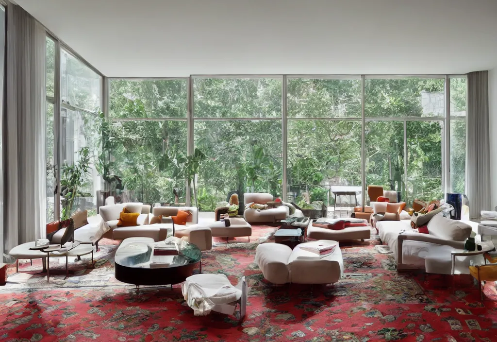 Image similar to a living room, modern interior design, residential design, floor - to - ceiling windows, by india mahdavi and henri matisse, trending ，