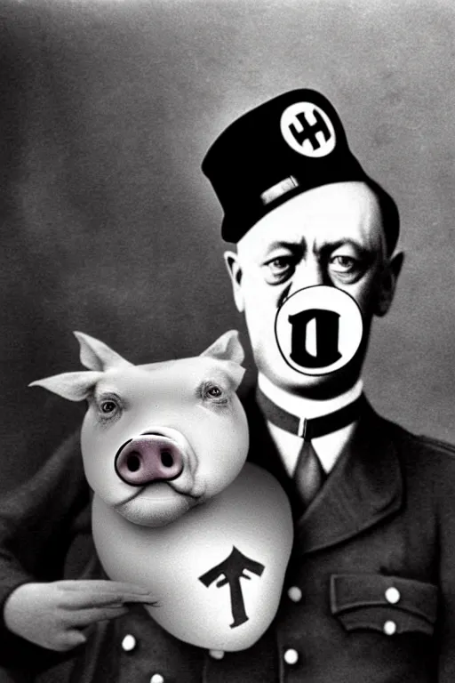 Prompt: hitler with pig nose on his face historical photo in color