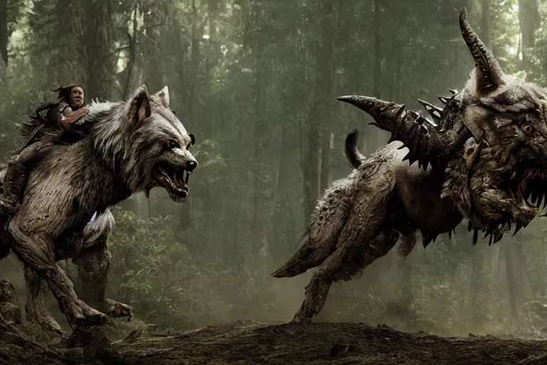 Image similar to vfx movie closeup detailed ancient armored warrior orc hunting riding large wolf in the forest, natural lighting by emmanuel lubezki