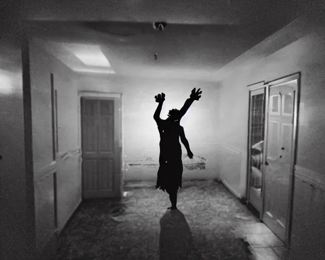 Image similar to horror demon evil transparent spirit attacks in kitchen interior photos shot on iphone, dynamic pose, middle body shot, sharp focus, grainy, corpse, paranormal flashlight, night, total darkness, poltergeist