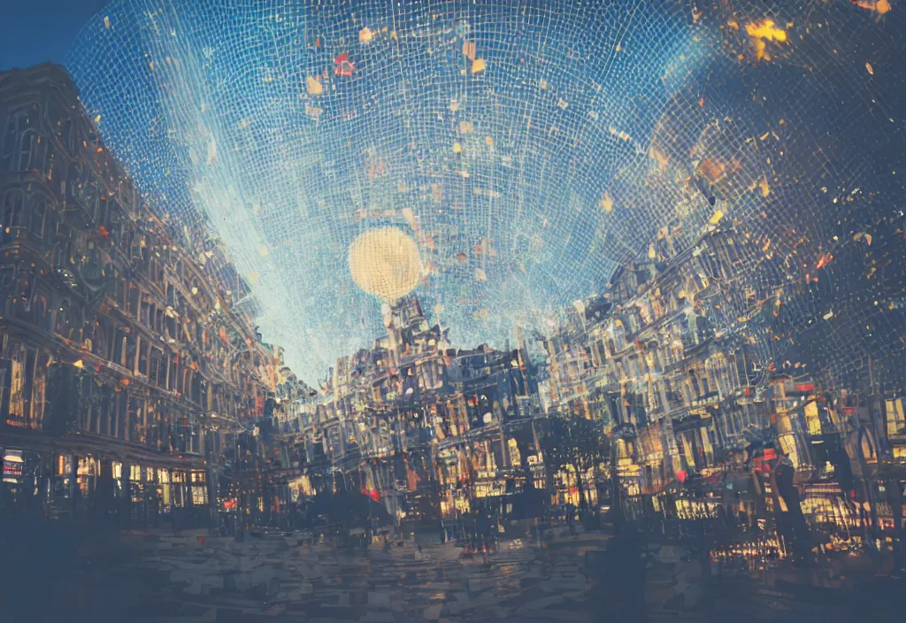 3 d popping out of curved screen, town square, Stable Diffusion