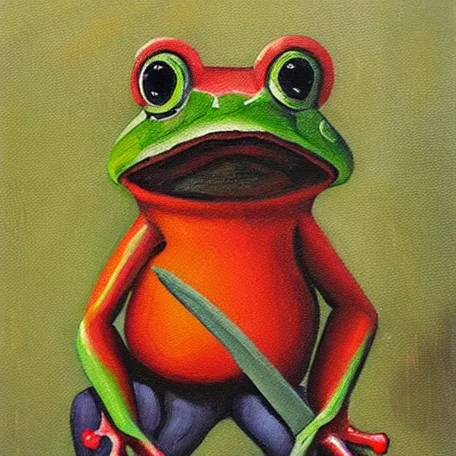 Image similar to frog with a sword, oil painting