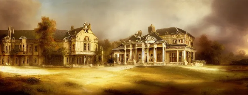 Prompt: oil baroque landscape painting of a gigantic white victorian style mansion, concept art, rembrandt, warm colors, wallpaper, 4 k, realistic lighting, brushstrokes, ultra - wide