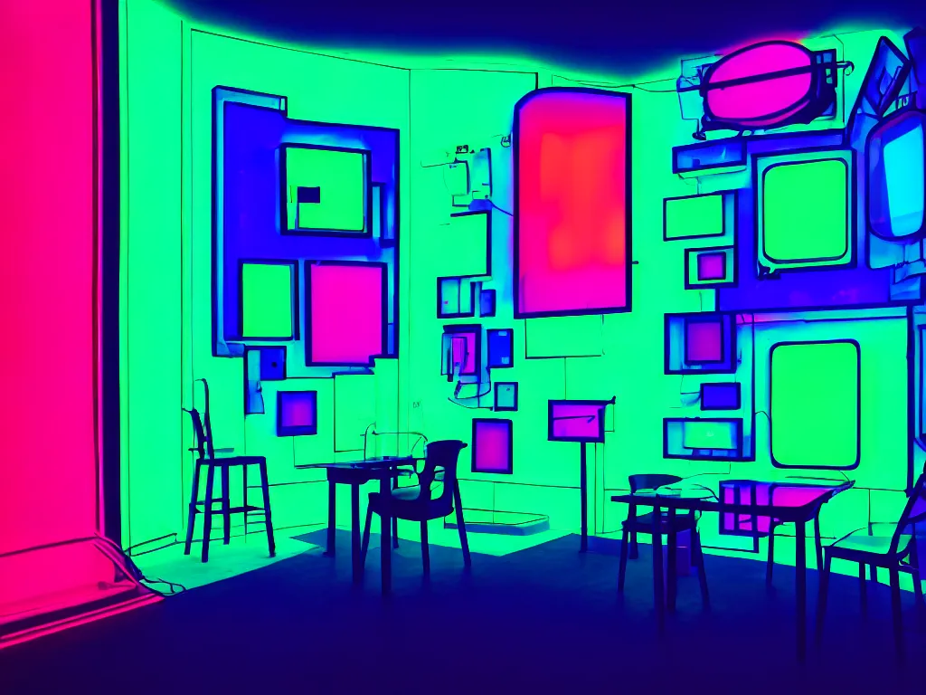 Image similar to room with overlaping curved translucent screens projecting art, large colorful art, pixel perfect image, high contrast, volumetric lighting, tiny neon light, chair, user, pair of keys