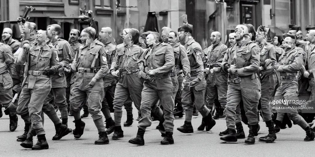 Prompt: german forces as minions from despicable me winning world war 2 and parading through berlin, hyper realistic, award winning photo, award winning, sharp focus, black and white