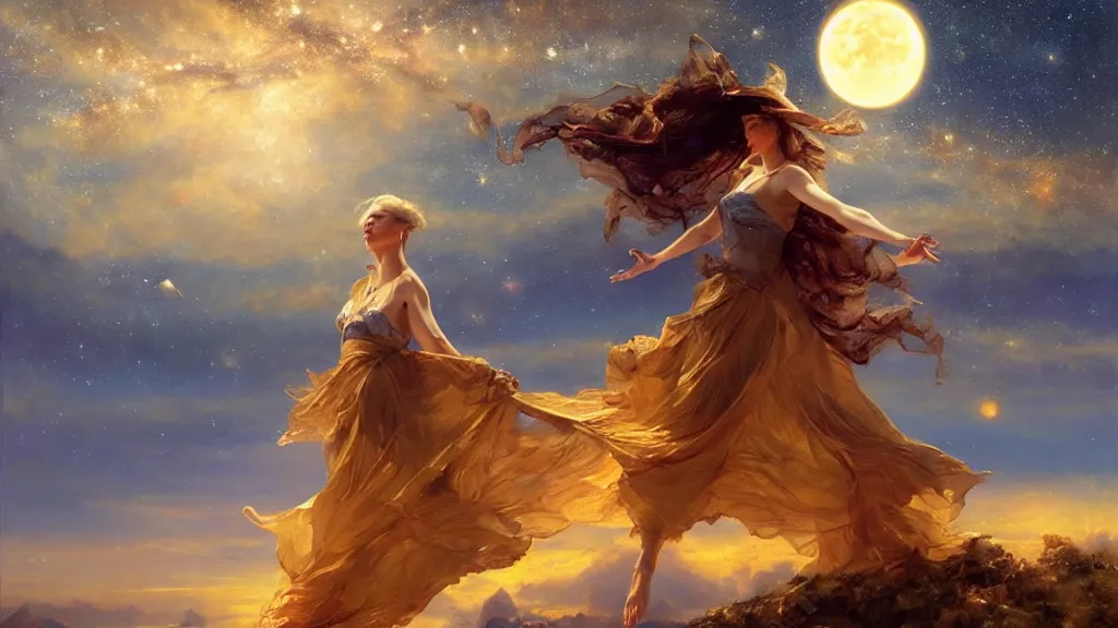 Image similar to a powerful golden witch floats on a horizon divided by her, the background is torn between the sun and the moon, in the background you can see the milky way. by Daniel F. Gerhartz, hyperrealistic oil painting, 4k, studio lightning, baroque