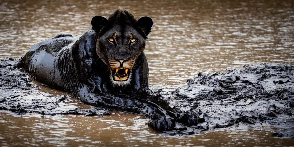 Image similar to a black lioness, made of black goo, bathing inside the lake of black goo, full of goo, covered with black goo. dslr, photography, realism, animal photography, color, savanna, wildlife photography, black goo