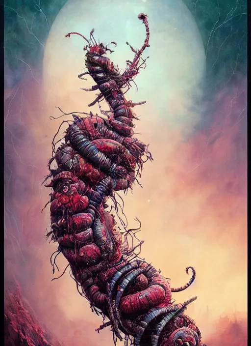 Image similar to the caterpillar, death tarot card, highly detailed, cinematic, 8 k, by megan duncanson, benjamin lacombe, adrian borda, stanley artgermm, tom bagshaw, craig mullins, carne griffiths, ayami kojima, beksinski, giger, trending on deviantart, hyper detailed, horror, full of colour