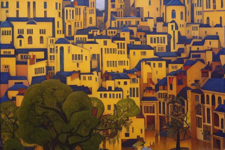 Image similar to view of the old city and its tree-lined winding streets still wet after a storm, tall windows lit up, beautiful ornamental architecture, dramatic cinematic lighting, rich colors, by Nicholas Roerich and and William Dyce and ford madox brown and April Gornik and Sylvain Sarrailh and Ludwig Deutsch, featured on artstation