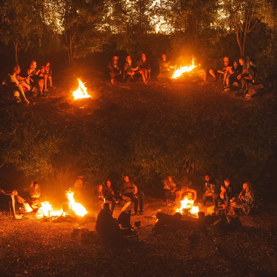 Image similar to a nice evening around the camp fire, friends are drinking and laughing, there is something behind the tree