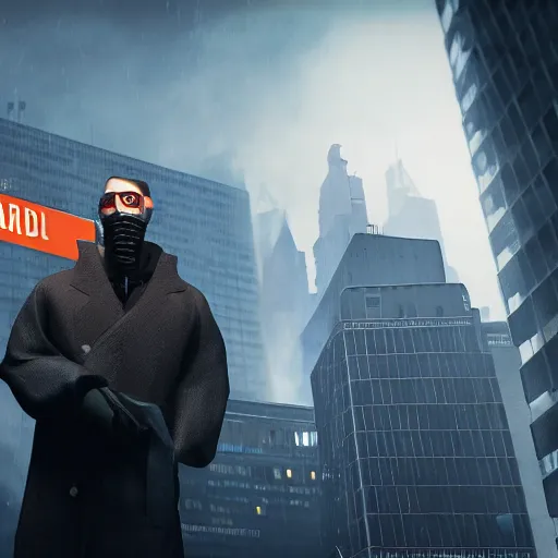 Prompt: G-man from half life 2 giving you a card with a face on it saying loyalty program program card while wall street skyscrapers are in the background made out of frail bodies with rioting crowds of people attacking each other, 4k render, 35mm film grain, dystopian, hyper realistic, cinematic lighting, tragic
