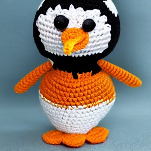 Prompt: crocheted penguin doll,