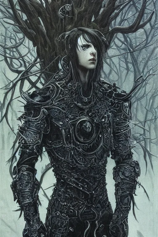 Image similar to portrait of beautiful gothic and futuristic young man, warcraft, cyber and rocks armor whith some trees, a lot of more and more scars, thunderstorm, black with white head, the middle ages, highly detailed, artstation, illustration, more and more composision, 8 k quality, art by jean delville