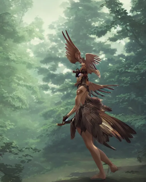 Image similar to a female anthropomorphic eagle warrior. She has two wings on her back. Forest, clearing. Full shot, wings are focus. Flying. Atmospheric lighting, By Makoto Shinkai, Stanley Artgerm Lau, WLOP, Rossdraws, James Jean, Andrei Riabovitchev, Marc Simonetti, krenz cushart, Sakimichan, D&D trending on ArtStation, digital art.