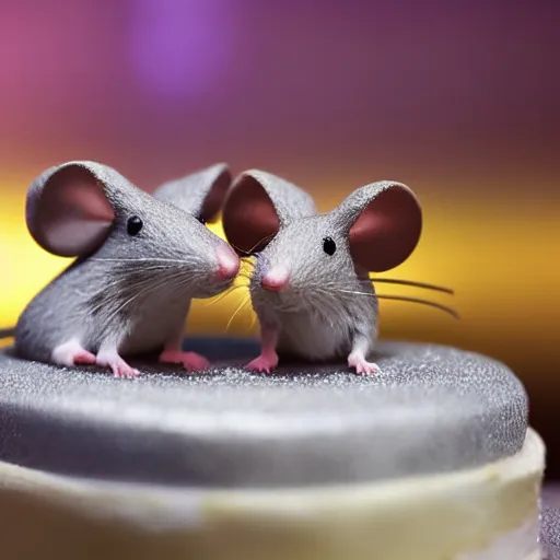 Prompt: 2 mice dancing on top of a 4 layered wedding cake, award winning, national geographic, macro shot