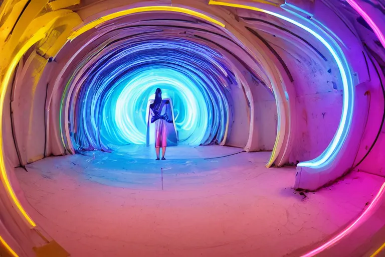 Prompt: A photograph of a woman standing in a spiral shape interior space with an arched door glowing white at the end, neon colors,F3.5,ISO640,18mm,1/60,Canon EOS 90D.