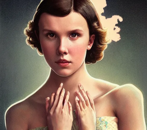 Image similar to photography millie bobby brown with hands - up and hairy armpits, deep focus, intricate, elegant, highly detailed, digital painting, artstation, concept art, matte, sharp focus, illustration, art by artgerm and greg rutkowski and alphonse mucha and gil elvgren