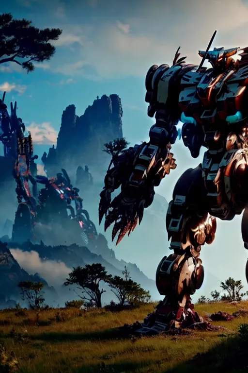 Image similar to a cinematic still from horizon zero dawn and pacific rim and westworld, full body mech, gundam, intact humanoid servo, octane render, nvidia raytracing demo, masterpiece, aged armor plating, decipticon armor plating, aggressive head, endoekeleton exposure