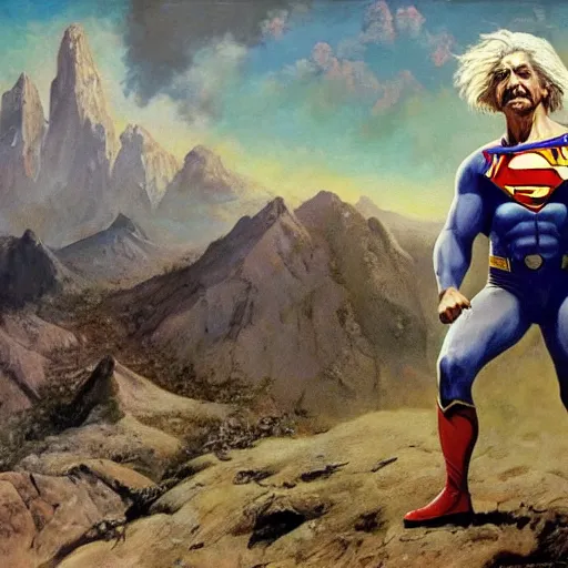 Image similar to ultra realistic portrait painting of albert einstein as superman, art by frank frazetta, 4 k, ultra realistic, highly detailed, epic lighting