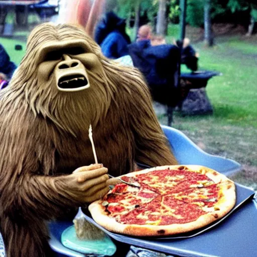 Image similar to bigfoot smoking weed while eating a pizza