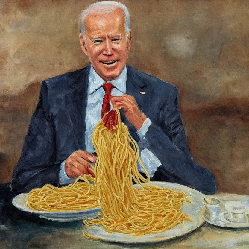 Prompt: impressionist biden eating spaghetti