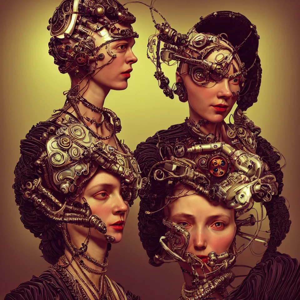 Image similar to colour caravaggio style photography of highly detailed beautiful woman with 1 0 0 0 years perfect face and wearing detailed ukrainian folk costume designed by taras shevchenko also wearing highly detailed retrofuturistic sci - fi neural interface designed by josan gonzalez. many details in style of josan gonzalez and mike winkelmann and andgreg rutkowski and alphonse muchaand