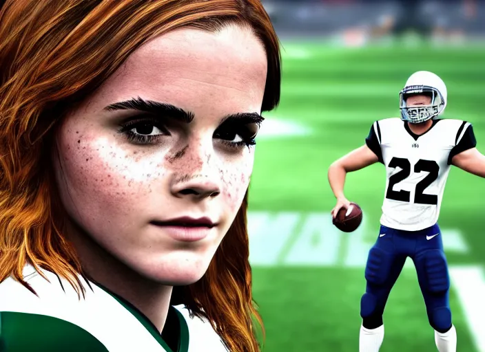 Prompt: facial portrait of a football player on the sidelines, cornerback emma watson, reddit contest winner, madden 2 1, ps 4, character design