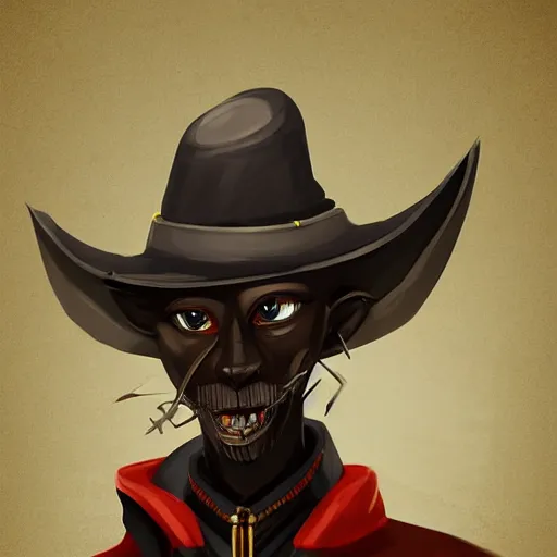 Image similar to anthropomorphic jackrayharengon with black skin, wearing stylized monk robes and a wide brimmed hat, digital art featured on artstation