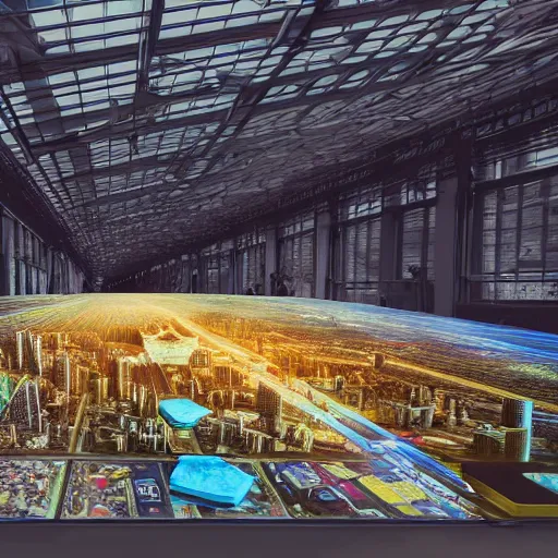 Image similar to large group people in open warehouse, looking at hologram of futuristic city on a table, cinematic concept art, godrays, golden hour, natural sunlight, 4 k, clear details, tabletop model buildings, tabletop model, hologram center, crane shot, crane shot, crane shot