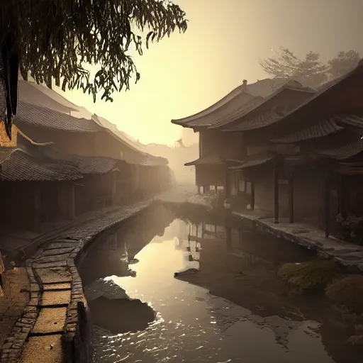 Image similar to old asian village, early sunlight, contrast shadows, mist, fog, water ripples, detailed, photorealistic, artstation, atmospheric, ambient