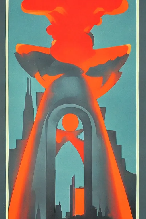 Prompt: ussr propaganda poster of 1 9 5 0 s city burning, futuristic design, dark, symmetrical, washed out color, centered, art deco, 1 9 5 0's futuristic, glowing highlights, intense